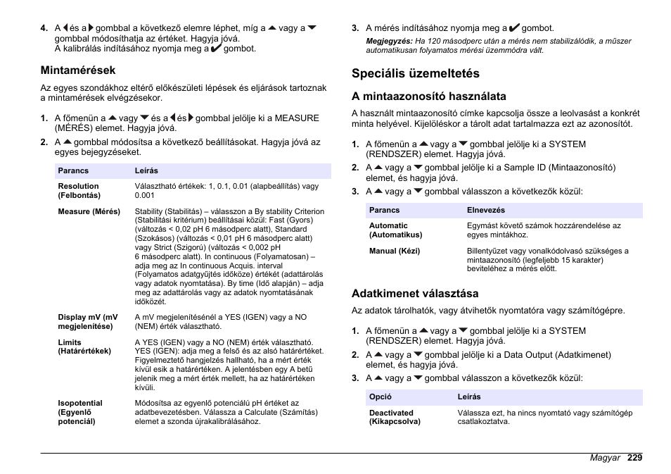 Mintamérések, Speciális üzemeltetés, A mintaazonosító használata | Adatkimenet választása | Hach-Lange SENSION+ pH31 User Manual | Page 229 / 394