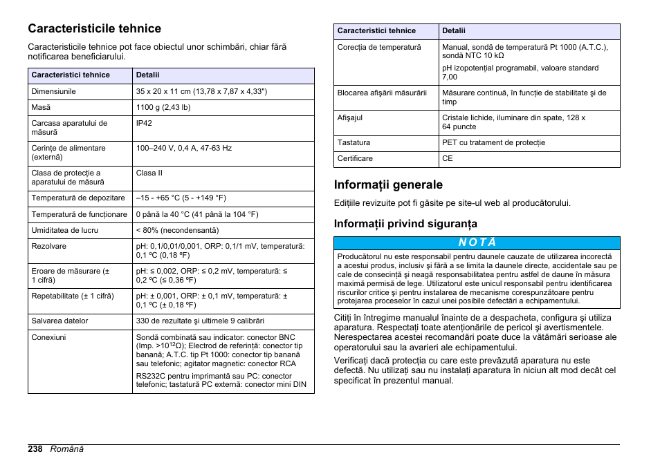 Manual de utilizare, Caracteristicile tehnice, Informaţii generale | Informaţii privind siguranţa, Română | Hach-Lange SENSION+ pH31 User Manual | Page 238 / 394