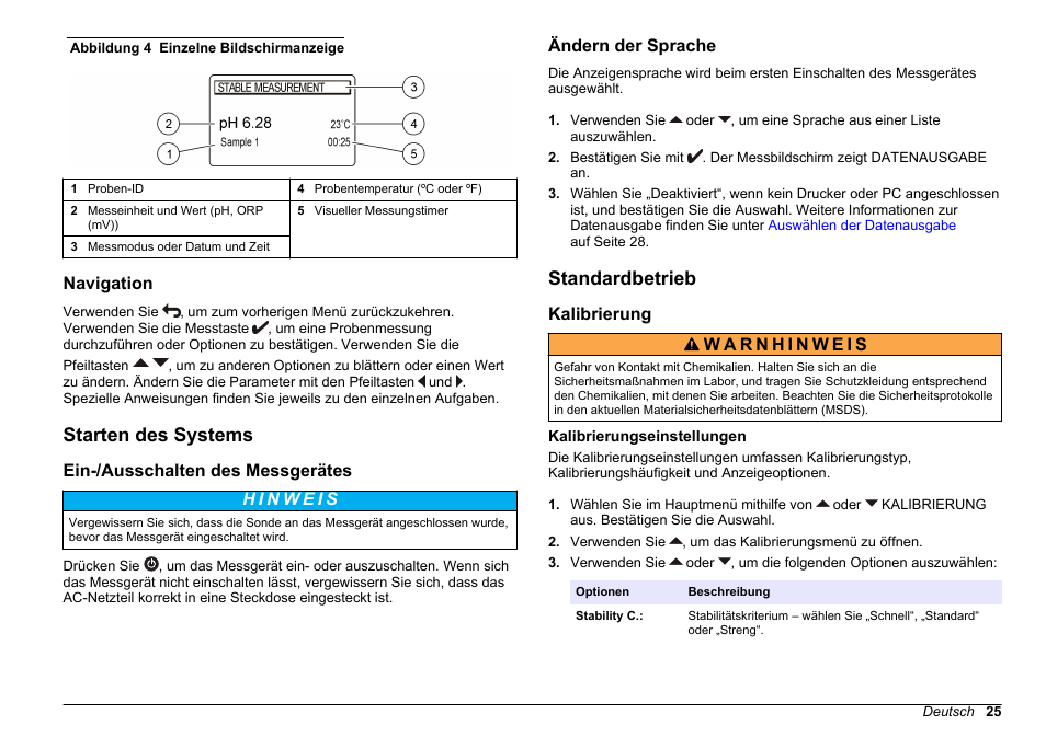 Navigation, Starten des systems, Ein-/‍ausschalten des messgerätes | Ändern der sprache, Standardbetrieb, Kalibrierung, Kalibrierungseinstellungen | Hach-Lange SENSION+ pH31 User Manual | Page 25 / 394