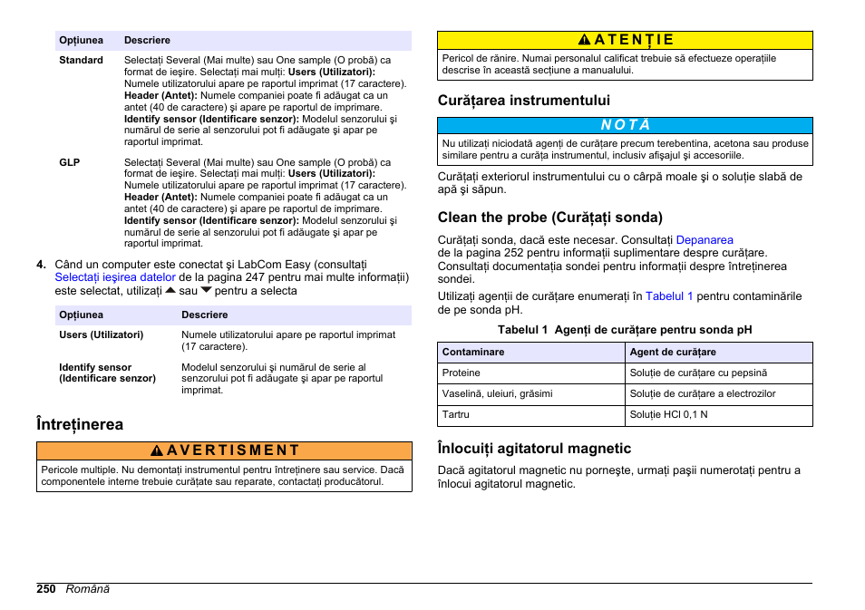 Întreţinerea, Curăţarea instrumentului, Clean the probe (curăţaţi sonda) | Înlocuiţi agitatorul magnetic | Hach-Lange SENSION+ pH31 User Manual | Page 250 / 394