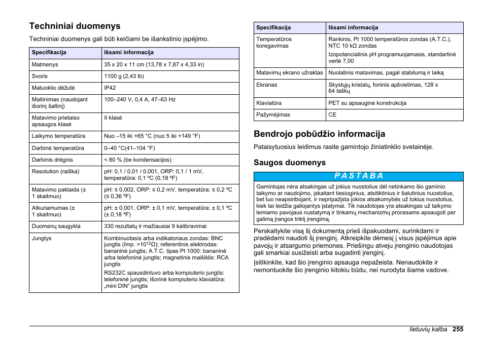 Naudotojo vadovas, Techniniai duomenys, Bendrojo pobūdžio informacija | Saugos duomenys, Lietuvių kalba | Hach-Lange SENSION+ pH31 User Manual | Page 255 / 394