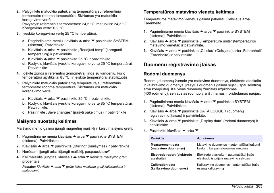 Maišymo nuostatų keitimas, Temperatūros matavimo vienetų keitimas, Duomenų registravimo įtaisas | Rodomi duomenys, Maišymo nuostatas rasite | Hach-Lange SENSION+ pH31 User Manual | Page 265 / 394