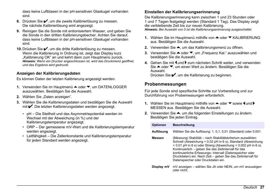 Anzeigen der kalibrierungsdaten, Einstellen der kalibrierungserinnerung, Probenmessungen | Weitere informationen finden sie unter, Einstellen der, Kalibrierungserinnerung | Hach-Lange SENSION+ pH31 User Manual | Page 27 / 394