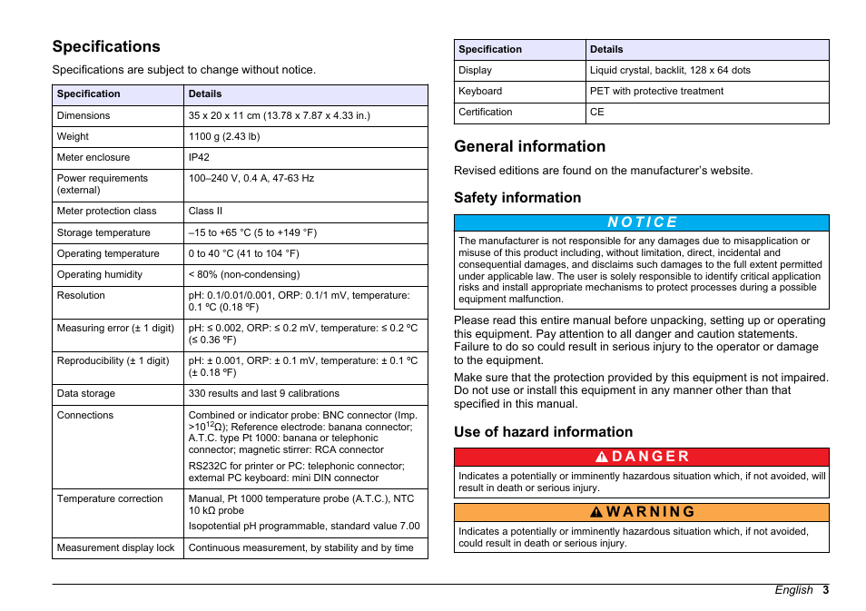 User manual, Specifications, General information | Safety information, Use of hazard information, English | Hach-Lange SENSION+ pH31 User Manual | Page 3 / 394