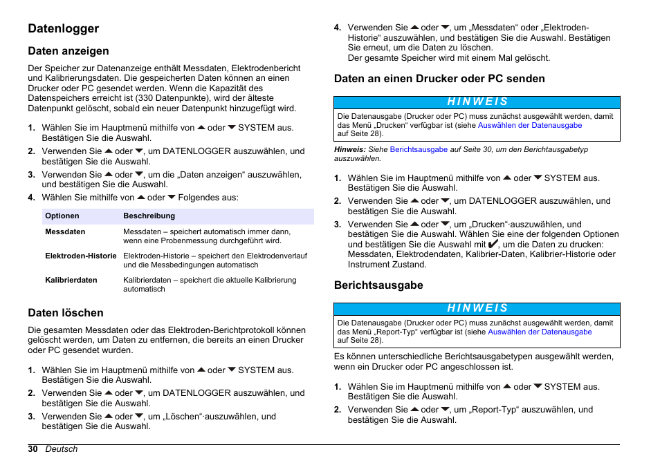 Datenlogger, Daten anzeigen, Daten löschen | Daten an einen drucker oder pc senden, Berichtsausgabe | Hach-Lange SENSION+ pH31 User Manual | Page 30 / 394