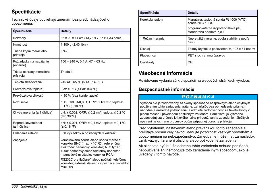 Návod na obsluhu, Špecifikácie, Všeobecné informácie | Bezpečnostné informácie, Slovenský jazyk | Hach-Lange SENSION+ pH31 User Manual | Page 308 / 394