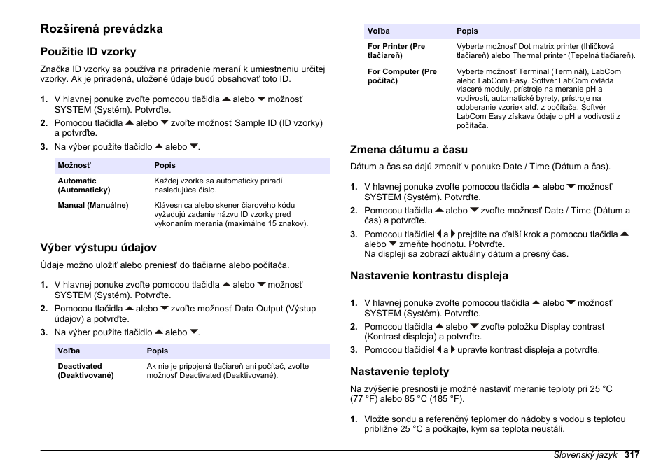 Rozšírená prevádzka, Použitie id vzorky, Výber výstupu údajov | Zmena dátumu a času, Nastavenie kontrastu displeja, Nastavenie teploty | Hach-Lange SENSION+ pH31 User Manual | Page 317 / 394