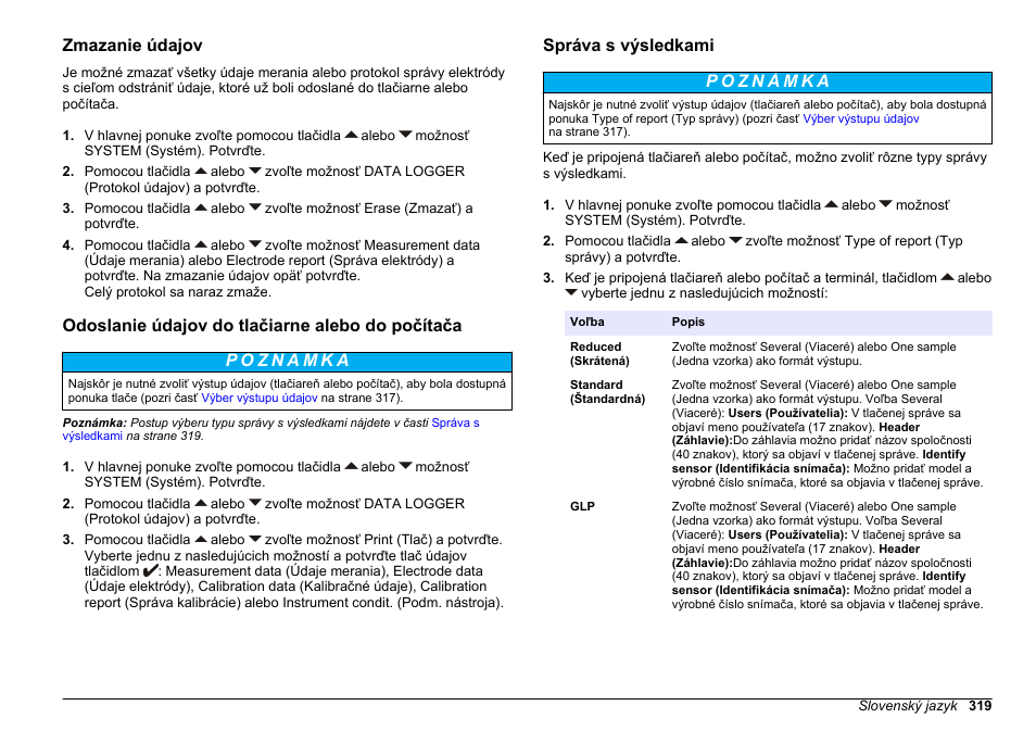 Zmazanie údajov, Odoslanie údajov do tlačiarne alebo do počítača, Správa s výsledkami | Hach-Lange SENSION+ pH31 User Manual | Page 319 / 394