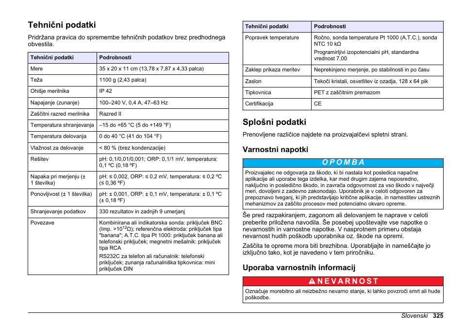 Navodila za uporabo, Tehnični podatki, Splošni podatki | Varnostni napotki, Uporaba varnostnih informacij, Slovenski | Hach-Lange SENSION+ pH31 User Manual | Page 325 / 394