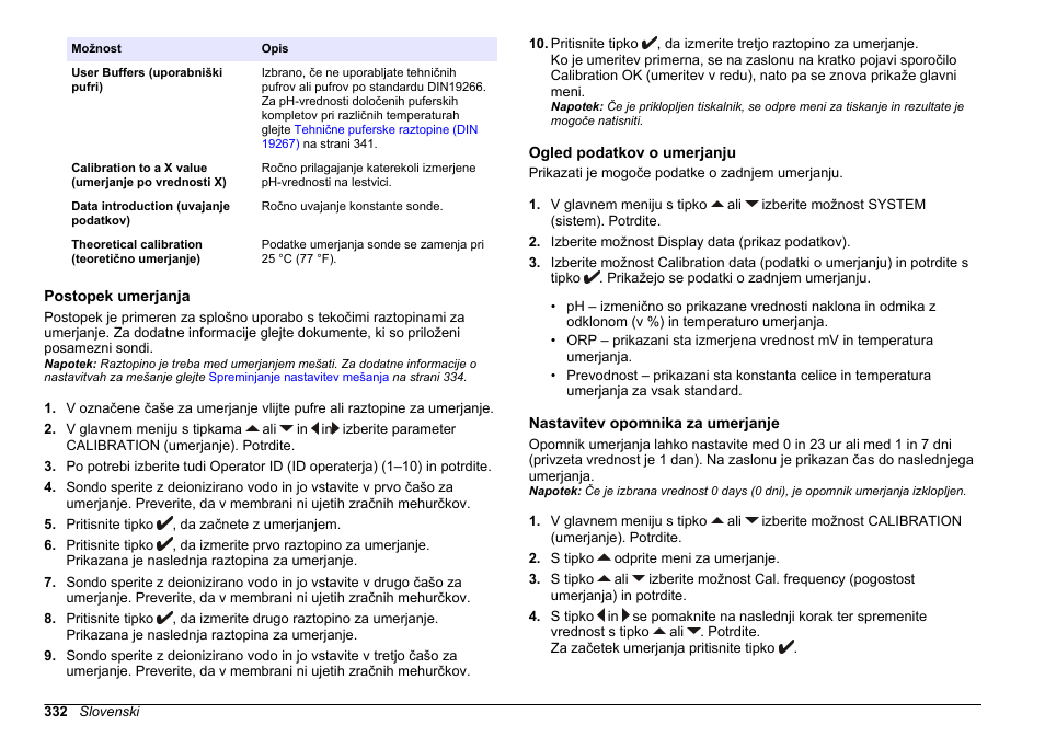 Postopek umerjanja, Ogled podatkov o umerjanju, Nastavitev opomnika za umerjanje | Hach-Lange SENSION+ pH31 User Manual | Page 332 / 394