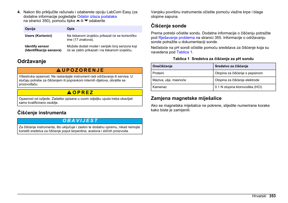 Održavanje, Čišćenje instrumenta, Čišćenje sonde | Zamjena magnetske miješalice | Hach-Lange SENSION+ pH31 User Manual | Page 353 / 394