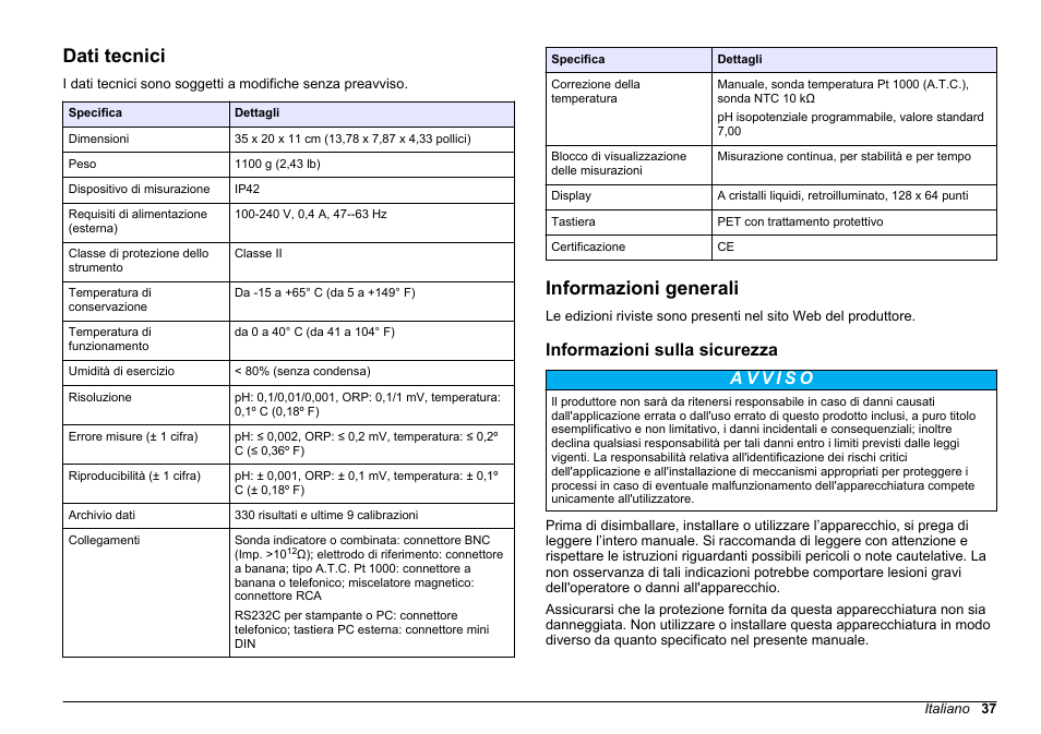 Manuale dell'utente, Dati tecnici, Informazioni generali | Informazioni sulla sicurezza, Italiano | Hach-Lange SENSION+ pH31 User Manual | Page 37 / 394