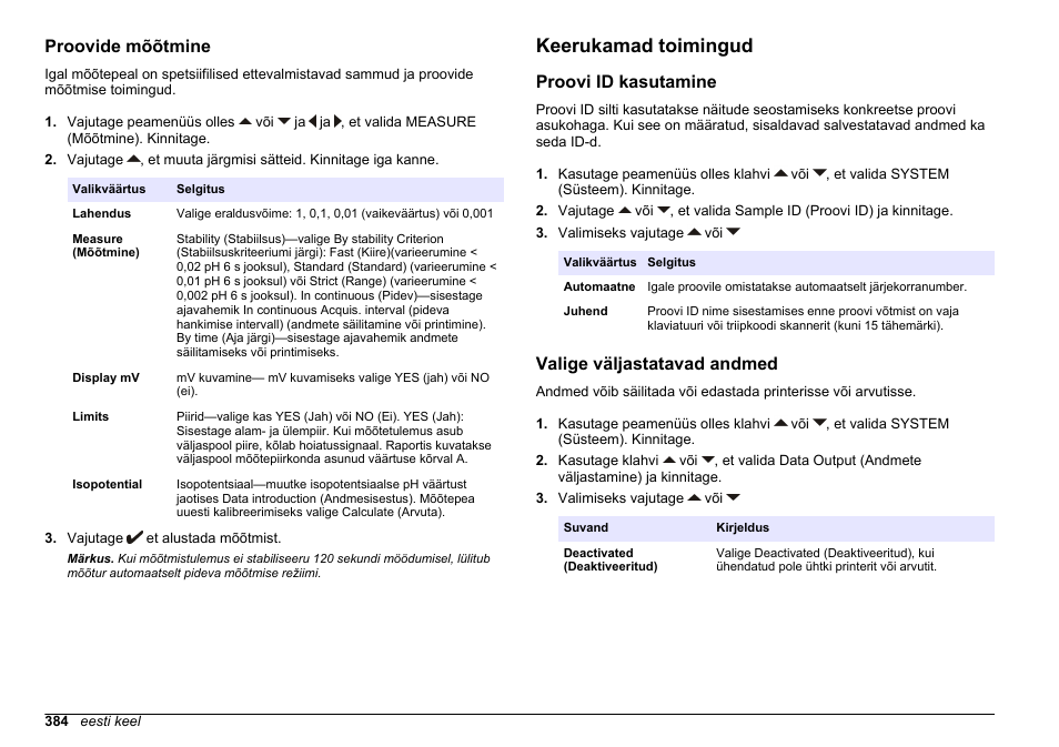 Proovide mõõtmine, Keerukamad toimingud, Proovi id kasutamine | Valige väljastatavad andmed | Hach-Lange SENSION+ pH31 User Manual | Page 384 / 394