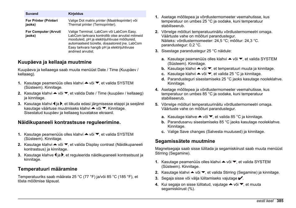 Kuupäeva ja kellaaja muutmine, Näidikupaneeli kontrastsuse reguleerimine, Temperatuuri määramine | Segamissätete muutmine | Hach-Lange SENSION+ pH31 User Manual | Page 385 / 394