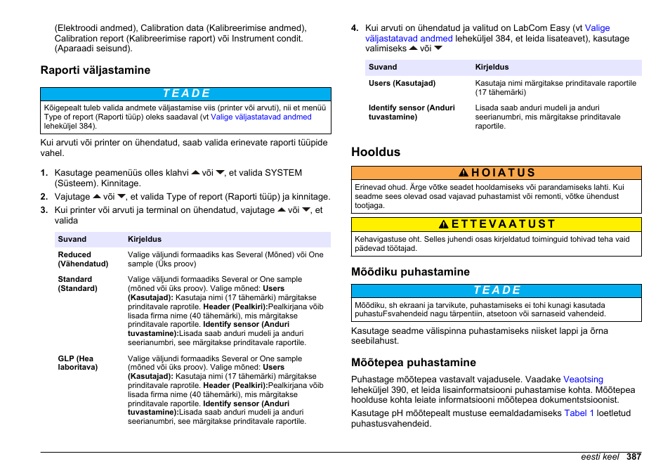 Raporti väljastamine, Hooldus, Mõõdiku puhastamine | Mõõtepea puhastamine | Hach-Lange SENSION+ pH31 User Manual | Page 387 / 394
