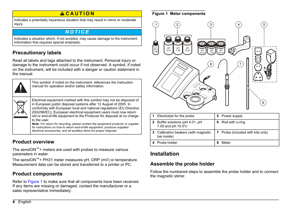 Precautionary labels, Product overview, Product components | Installation, Assemble the probe holder | Hach-Lange SENSION+ pH31 User Manual | Page 4 / 394