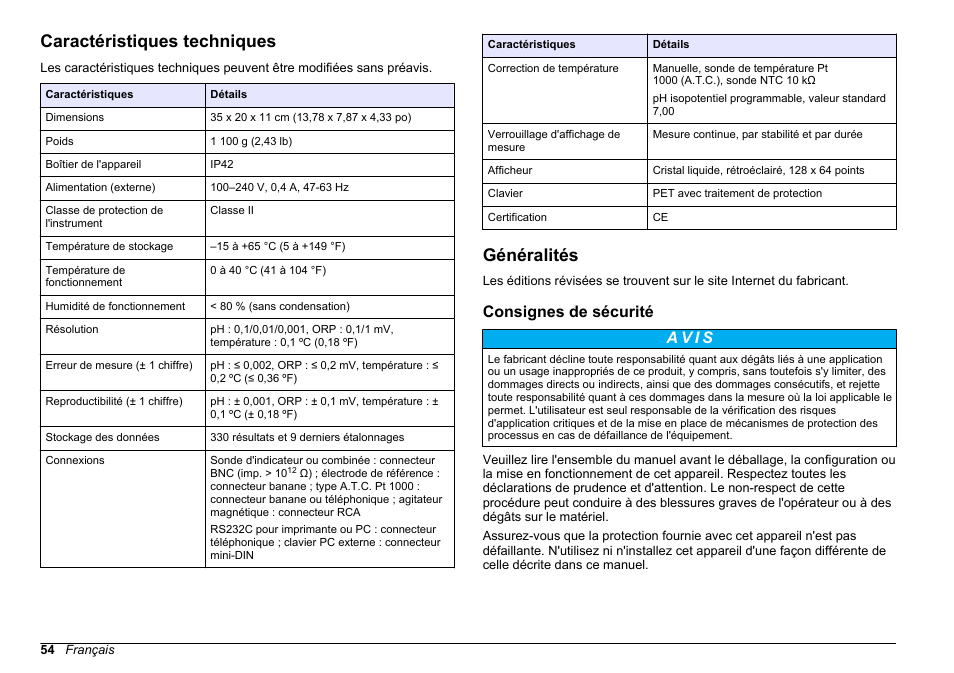 Manuel d'utilisation, Caractéristiques techniques, Généralités | Consignes de sécurité, Français | Hach-Lange SENSION+ pH31 User Manual | Page 54 / 394