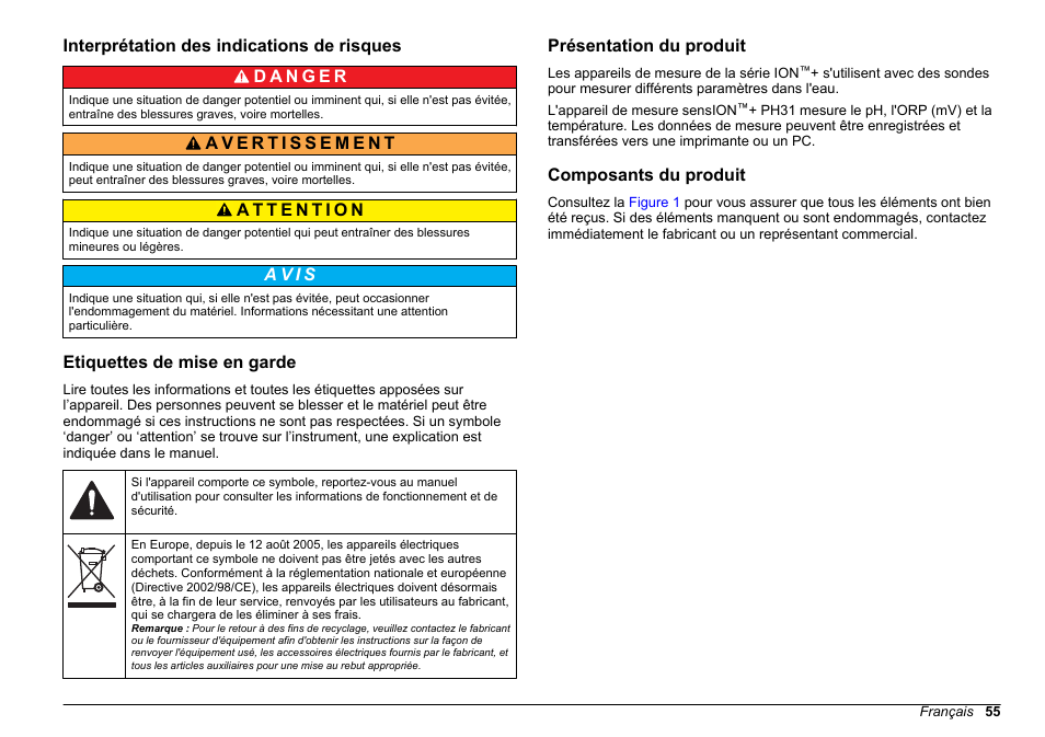 Interprétation des indications de risques, Etiquettes de mise en garde, Présentation du produit | Composants du produit | Hach-Lange SENSION+ pH31 User Manual | Page 55 / 394