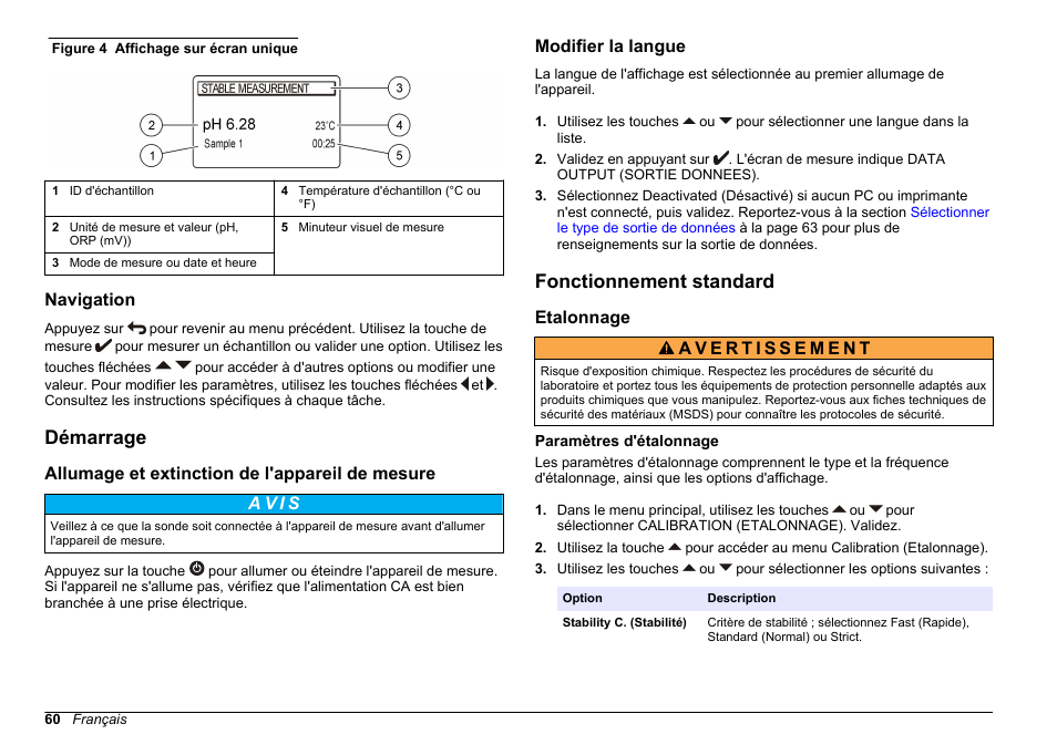 Navigation, Démarrage, Allumage et extinction de l'appareil de mesure | Modifier la langue, Fonctionnement standard, Etalonnage, Paramètres d'étalonnage | Hach-Lange SENSION+ pH31 User Manual | Page 60 / 394