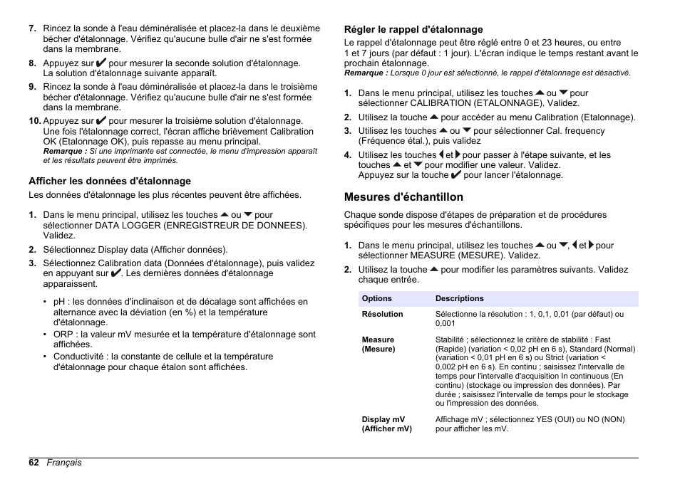 Afficher les données d'étalonnage, Régler le rappel d'étalonnage, Mesures d'échantillon | Régler le, Rappel d'étalonnage | Hach-Lange SENSION+ pH31 User Manual | Page 62 / 394