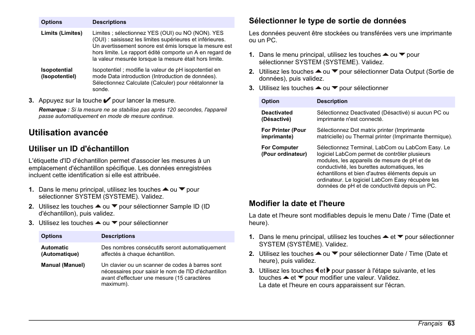 Utilisation avancée, Utiliser un id d'échantillon, Sélectionner le type de sortie de données | Modifier la date et l'heure | Hach-Lange SENSION+ pH31 User Manual | Page 63 / 394