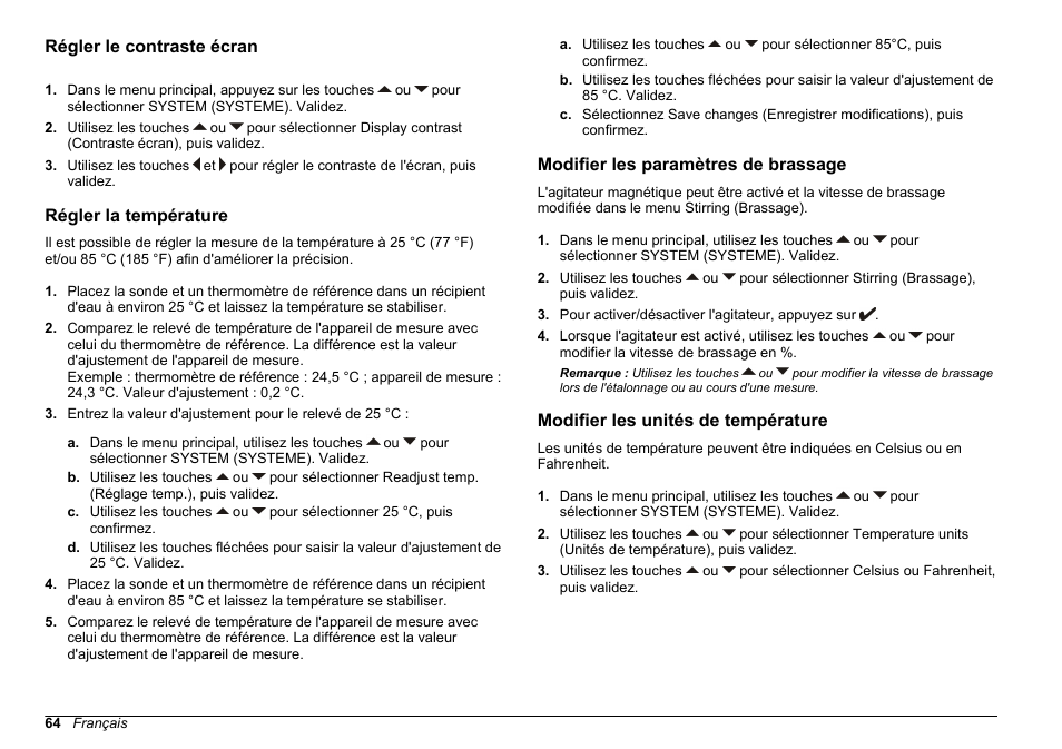 Régler le contraste écran, Régler la température, Modifier les paramètres de brassage | Modifier les unités de température, Modifier les, Paramètres de brassage | Hach-Lange SENSION+ pH31 User Manual | Page 64 / 394