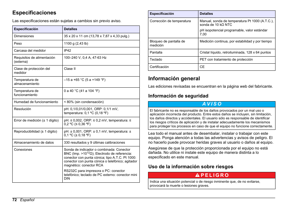 Manual del usuario, Especificaciones, Información general | Información de seguridad, Uso de la información sobre riesgos, Español | Hach-Lange SENSION+ pH31 User Manual | Page 72 / 394
