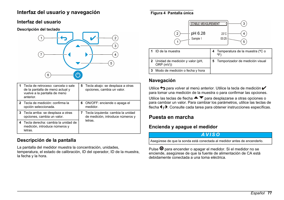 Interfaz del usuario y navegación, Interfaz del usuario, Descripción de la pantalla | Navegación, Puesta en marcha, Encienda y apague el medidor | Hach-Lange SENSION+ pH31 User Manual | Page 77 / 394