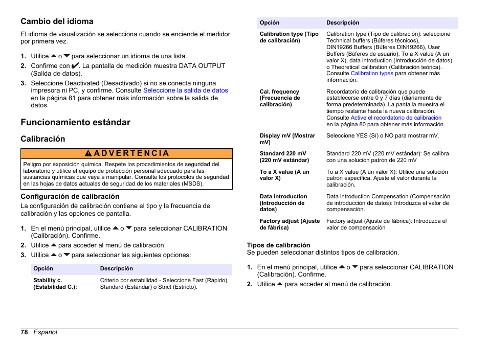 Cambio del idioma, Funcionamiento estándar, Calibración | Configuración de calibración, Tipos de calibración | Hach-Lange SENSION+ pH31 User Manual | Page 78 / 394