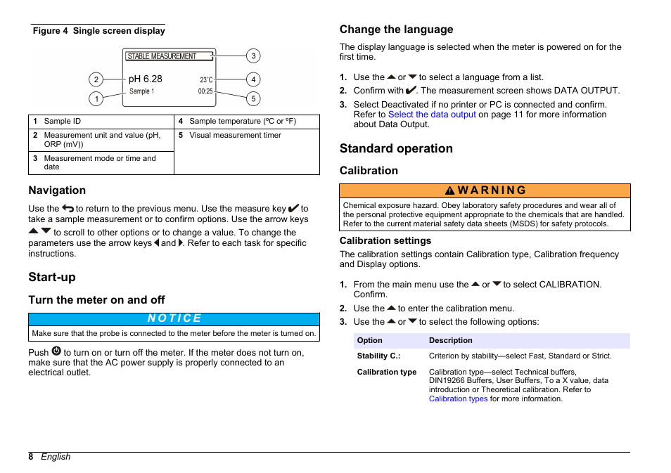 Navigation, Start-up, Turn the meter on and off | Change the language, Standard operation, Calibration, Calibration settings | Hach-Lange SENSION+ pH31 User Manual | Page 8 / 394