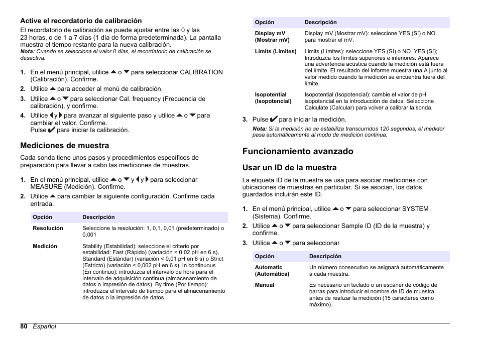 Active el recordatorio de calibración, Mediciones de muestra, Funcionamiento avanzado | Usar un id de la muestra, Consulte | Hach-Lange SENSION+ pH31 User Manual | Page 80 / 394