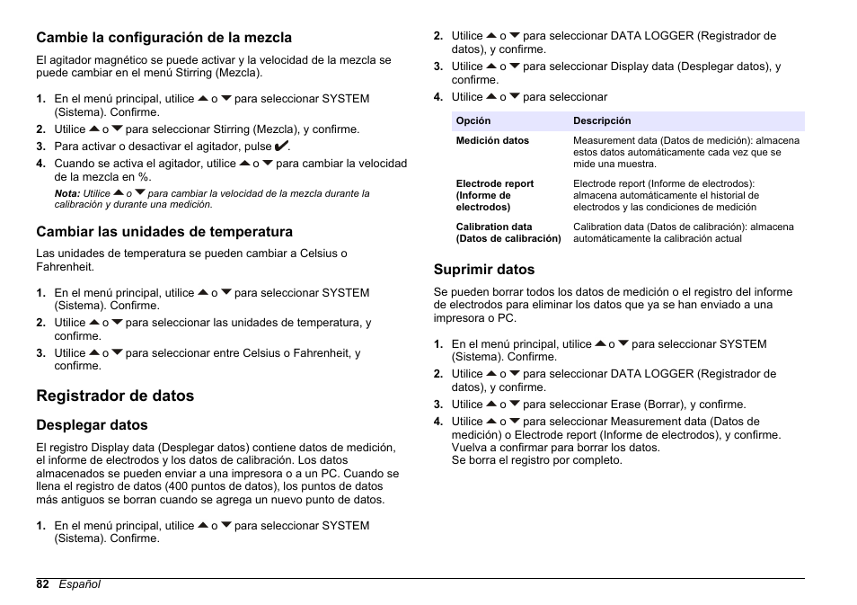 Cambie la configuración de la mezcla, Cambiar las unidades de temperatura, Registrador de datos | Desplegar datos, Suprimir datos, Cambie la configuración de la, Mezcla | Hach-Lange SENSION+ pH31 User Manual | Page 82 / 394