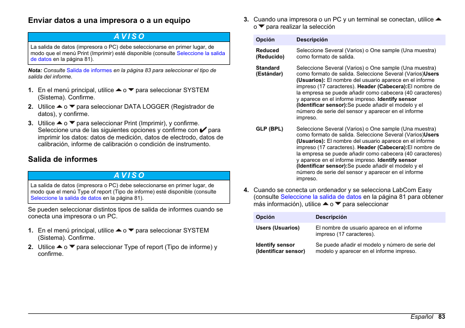 Enviar datos a una impresora o a un equipo, Salida de informes | Hach-Lange SENSION+ pH31 User Manual | Page 83 / 394