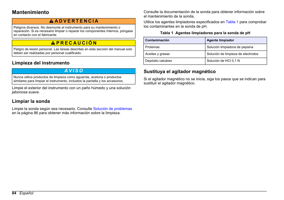 Mantenimiento, Limpieza del instrumento, Limpiar la sonda | Sustituya el agitador magnético | Hach-Lange SENSION+ pH31 User Manual | Page 84 / 394