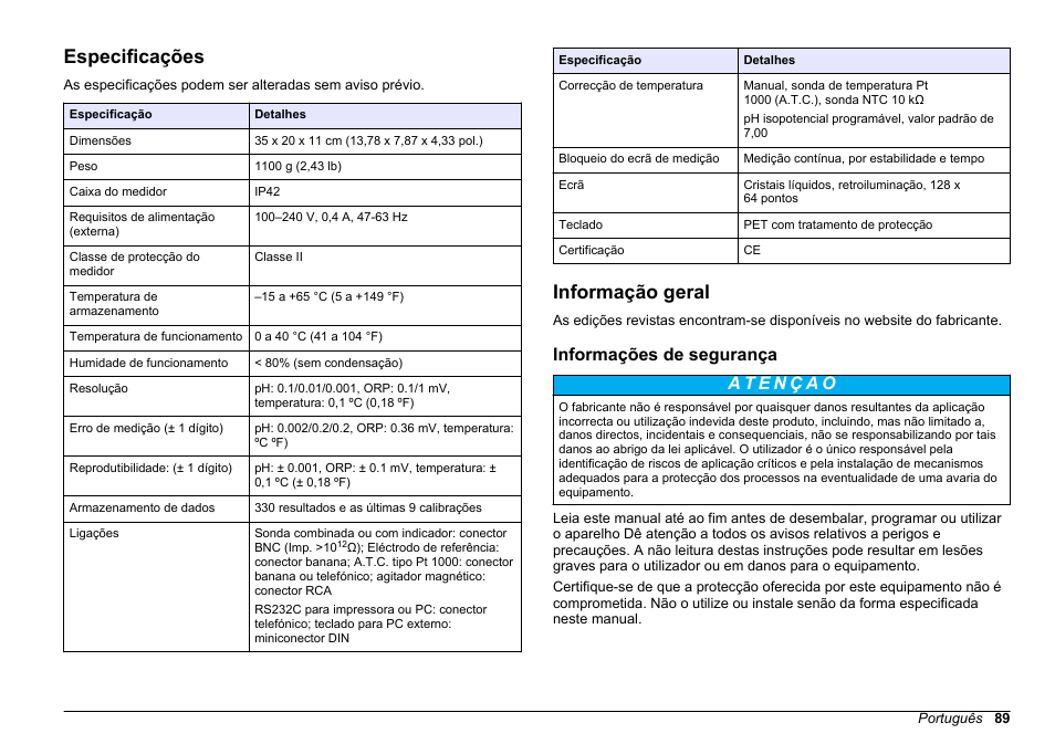 Manual do utilizador, Especificações, Informação geral | Informações de segurança, Português | Hach-Lange SENSION+ pH31 User Manual | Page 89 / 394