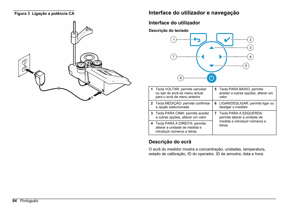 Interface do utilizador e navegação, Interface do utilizador, Descrição do ecrã | Figura 3 | Hach-Lange SENSION+ pH31 User Manual | Page 94 / 394
