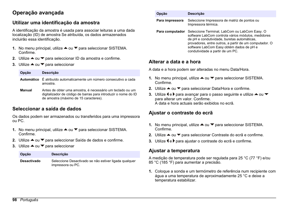 Operação avançada, Utilizar uma identificação da amostra, Seleccionar a saída de dados | Alterar a data e a hora, Ajustar o contraste do ecrã, Ajustar a temperatura | Hach-Lange SENSION+ pH31 User Manual | Page 98 / 394