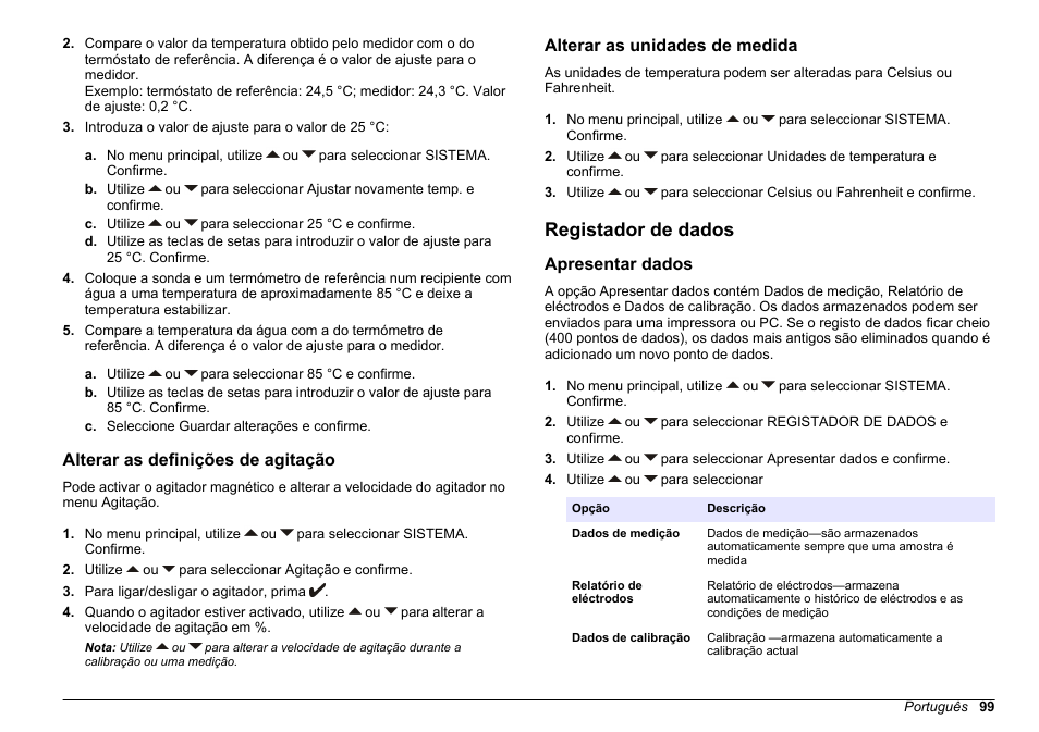 Alterar as definições de agitação, Alterar as unidades de medida, Registador de dados | Apresentar dados, Alterar as definições de, Agitação | Hach-Lange SENSION+ pH31 User Manual | Page 99 / 394