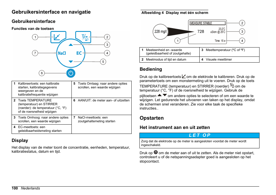 Gebruikersinterface en navigatie, Gebruikersinterface, Display | Bediening, Opstarten, Het instrument aan en uit zetten | Hach-Lange SENSION+ EC7 User Manual | Page 100 / 268