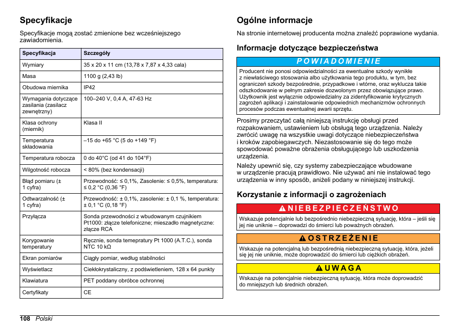 Instrukcja obsługi, Specyfikacje, Ogólne informacje | Informacje dotyczące bezpieczeństwa, Korzystanie z informacji o zagrożeniach, Polski | Hach-Lange SENSION+ EC7 User Manual | Page 108 / 268