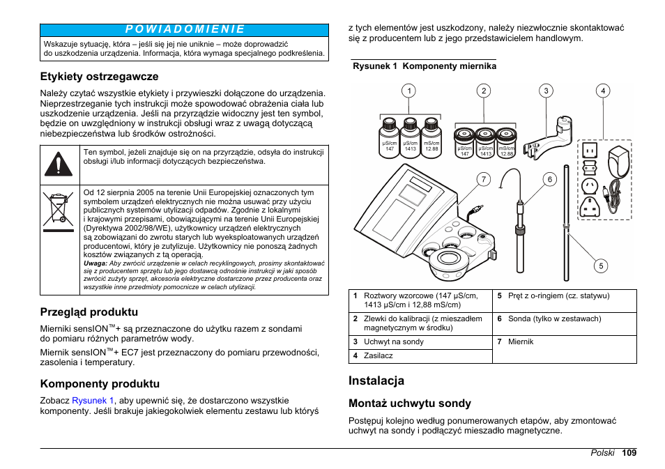 Etykiety ostrzegawcze, Przegląd produktu, Komponenty produktu | Instalacja, Montaż uchwytu sondy | Hach-Lange SENSION+ EC7 User Manual | Page 109 / 268
