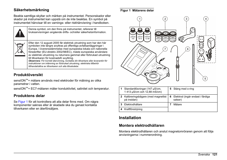 Säkerhetsmärkning, Produktöversikt, Produktens delar | Installation, Montera elektrodhållaren | Hach-Lange SENSION+ EC7 User Manual | Page 121 / 268