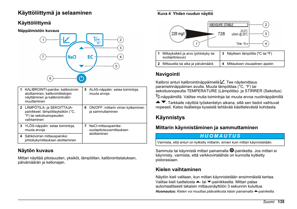Käyttöliittymä ja selaaminen, Käyttöliittymä, Näytön kuvaus | Navigointi, Käynnistys, Mittarin käynnistäminen ja sammuttaminen, Kielen vaihtaminen | Hach-Lange SENSION+ EC7 User Manual | Page 135 / 268