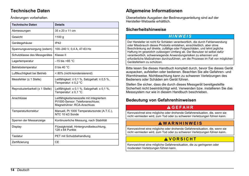 Bedienungsanleitung, Technische daten, Allgemeine informationen | Sicherheitshinweise, Bedeutung von gefahrenhinweisen, Deutsch | Hach-Lange SENSION+ EC7 User Manual | Page 14 / 268