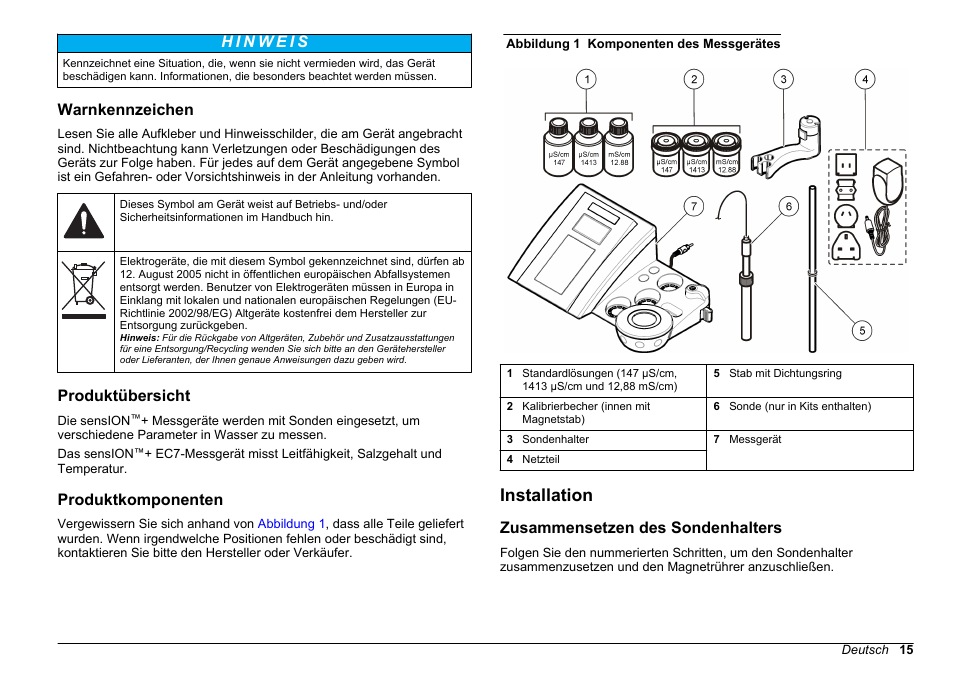 Warnkennzeichen, Produktübersicht, Produktkomponenten | Installation, Zusammensetzen des sondenhalters | Hach-Lange SENSION+ EC7 User Manual | Page 15 / 268