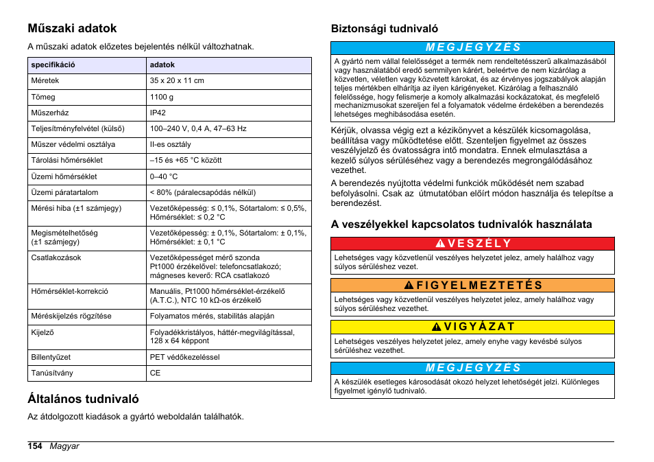 Használati útmutató, Műszaki adatok, Általános tudnivaló | Biztonsági tudnivaló, A veszélyekkel kapcsolatos tudnivalók használata, Magyar | Hach-Lange SENSION+ EC7 User Manual | Page 154 / 268