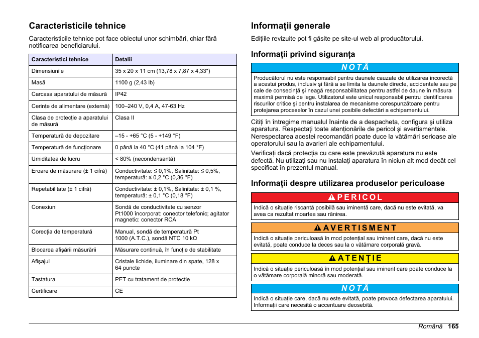 Manual de utilizare, Caracteristicile tehnice, Informaţii generale | Informaţii privind siguranţa, Română, N o t ã | Hach-Lange SENSION+ EC7 User Manual | Page 165 / 268
