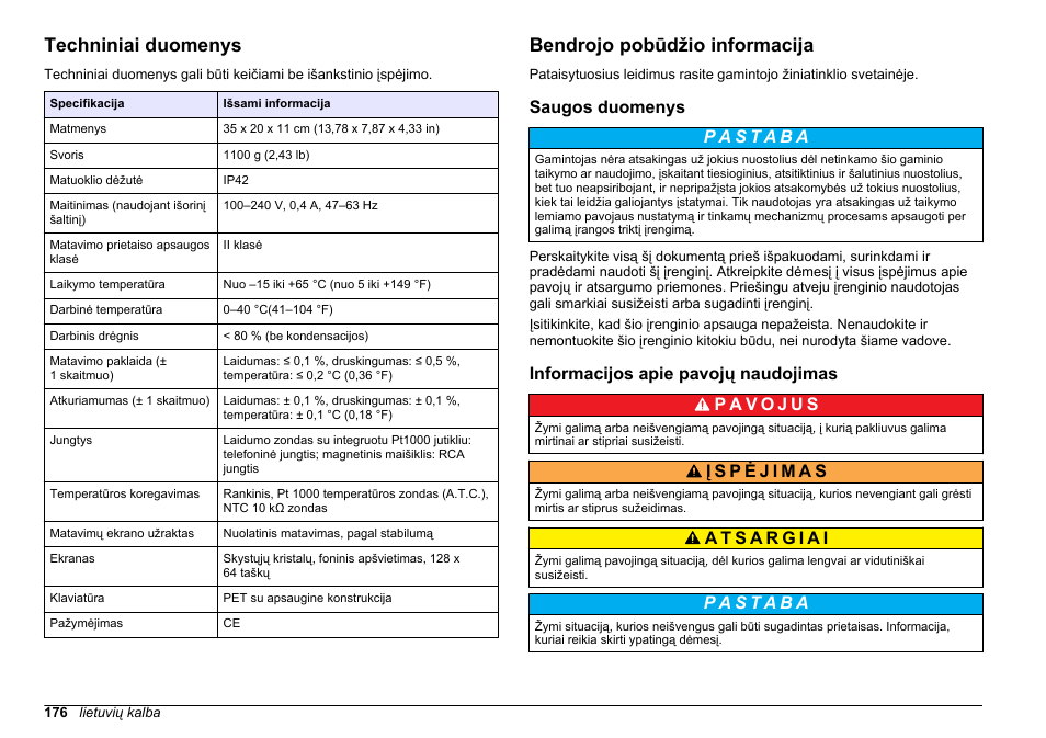 Naudotojo vadovas, Techniniai duomenys, Bendrojo pobūdžio informacija | Saugos duomenys, Informacijos apie pavojų naudojimas, Lietuvių kalba | Hach-Lange SENSION+ EC7 User Manual | Page 176 / 268