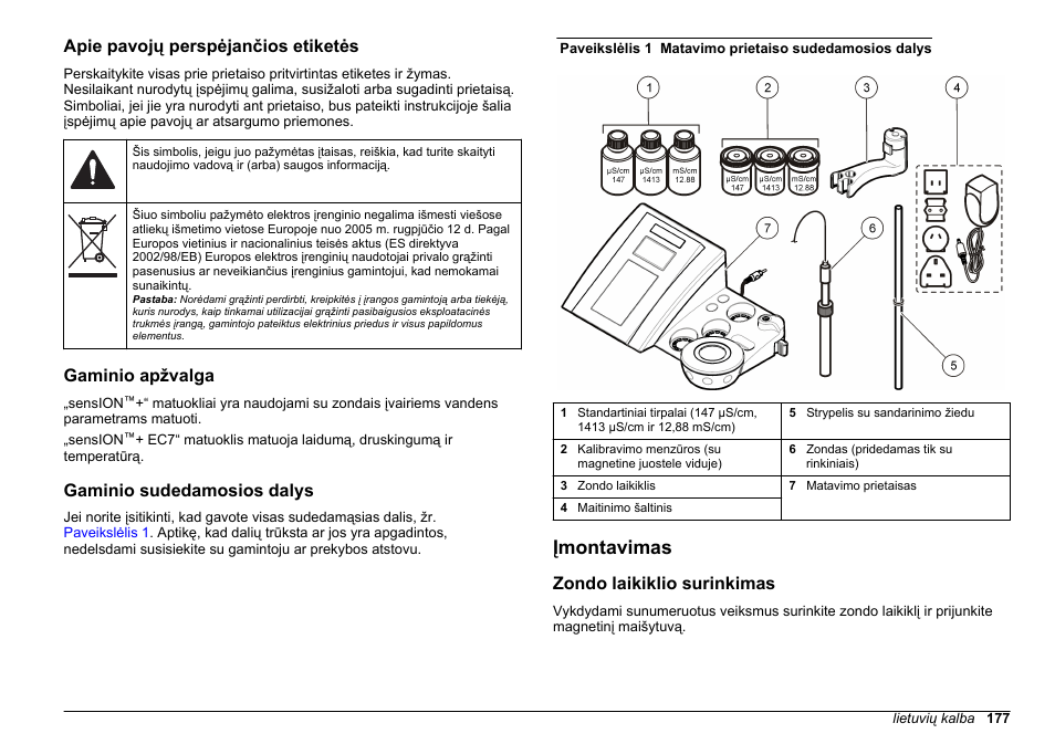 Apie pavojų perspėjančios etiketės, Gaminio apžvalga, Gaminio sudedamosios dalys | Įmontavimas, Zondo laikiklio surinkimas | Hach-Lange SENSION+ EC7 User Manual | Page 177 / 268