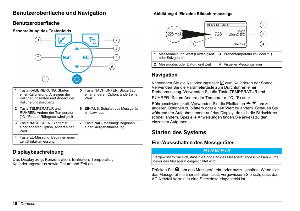 Benutzeroberfläche und navigation, Benutzeroberfläche, Displaybeschreibung | Navigation, Starten des systems, Ein-/‍ausschalten des messgerätes | Hach-Lange SENSION+ EC7 User Manual | Page 18 / 268